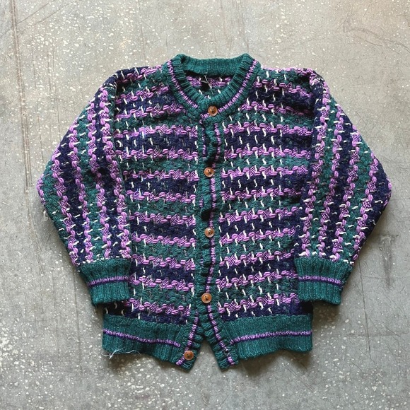Source Unknown Sweaters - Vintage Hand Made Women's Chunky Knit Cardigan Purple Green Houndstooth Pattern